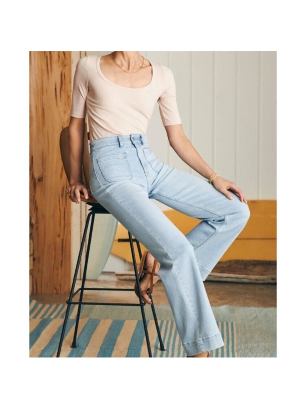 Faherty Jersey Stretch Light Wash High-Rise Patch Pocket Wide-Leg Women’s Jean - Picture 3 of 6